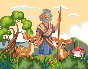 Cheerful elder with deer in a lush forest scene