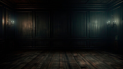 Dimly lit chamber with wooden wall panels and hanging light fixture