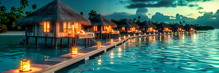 Paradise Found: A Sunset View of Overwater Bungalows, Capturing the Essence of Tropical Luxury and Oceanic Serenity - obrazy, fototapety, plakaty