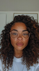 Obraz premium Portrait of a girl with glasses and freckles and curly hair