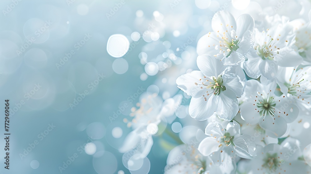Poster serene white blooms with soft bokeh background. fresh spring vibes in a delicate floral arrangement.