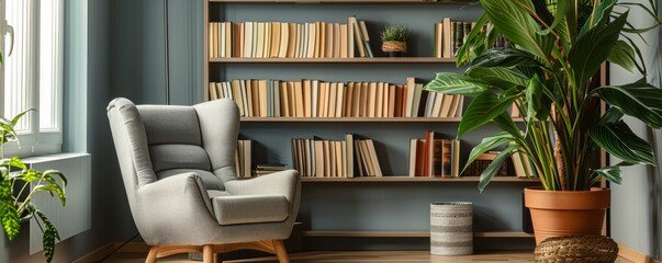 Cozy reading nook with armchair and bookshelves - obrazy, fototapety, plakaty