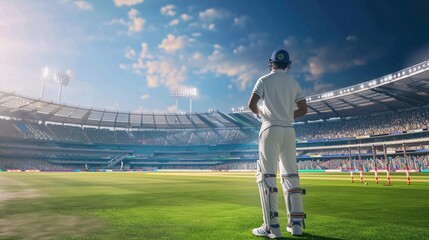 Baseball Player in White Uniform, Standing on Grass Field, Looking Up at the Sky Generative AI