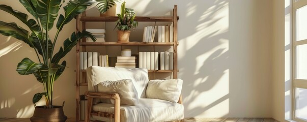 Obraz na płótnie Canvas Cozy reading corner with armchair and bookshelf in natural light