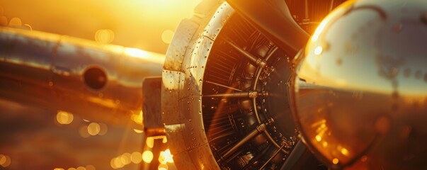 Close-up of a vintage airplane engine at sunset - obrazy, fototapety, plakaty