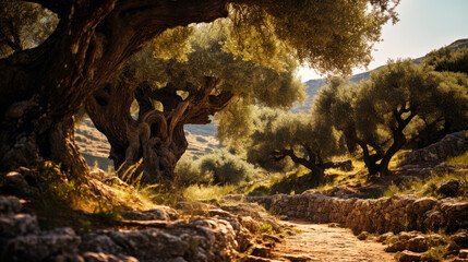 Old olive trees in the mountains of Crete - obrazy, fototapety, plakaty
