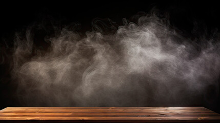 A wooden table with smoke rising - obrazy, fototapety, plakaty
