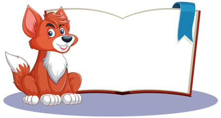 A happy fox sitting beside a large book