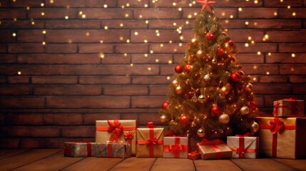 A decorated christmas tree with gifts all around - obrazy, fototapety, plakaty