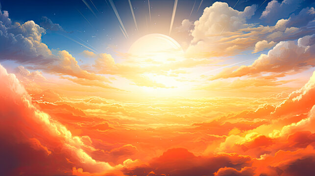 Anime art of a sunset with bright sun rays