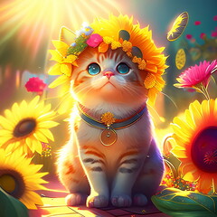 Little cat with sunflower