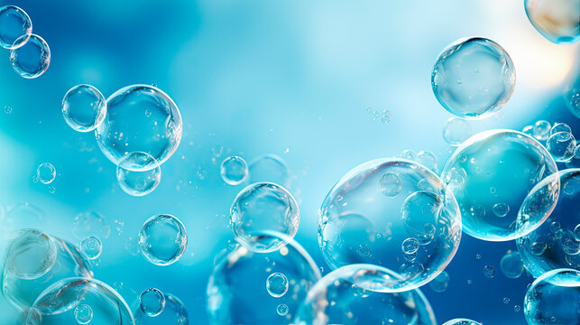 Floating soap bubbles against blue background