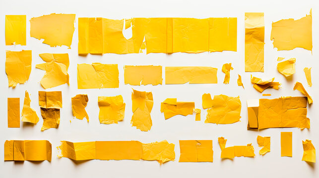 Pieces of yellow sticky tape on a white background