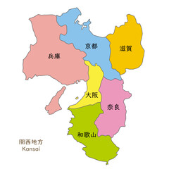 関西地方の各県の地図、アイコン、日本語の県名入り