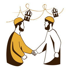 Muslims Wishing and Greetings Eid Mubarak each other concept, Indians Shaking Hands on Eid Day vector design, Eid al Adha or Eid ul Kabir Symbol Hajj Sign, Muslim religious eve Stock illustration