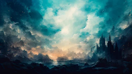 Gordijnen A painting of a castle in a dark sky © StockKing
