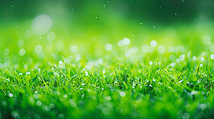 Green grass field covered in water droplets - obrazy, fototapety, plakaty