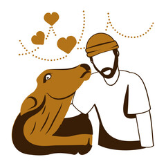 Muslim Man huddle up with Cow concept, Showing Love and Care to Sacrificial animal before Qurban vector design, Eid al Adha Eid ul Kabir Symbol Hajj Sign Muslims religious eve Stock illustration