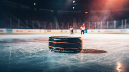 Hockey player on ice with scattered pucks - obrazy, fototapety, plakaty