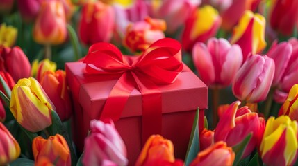 Red gift box with bow among colorful tulips