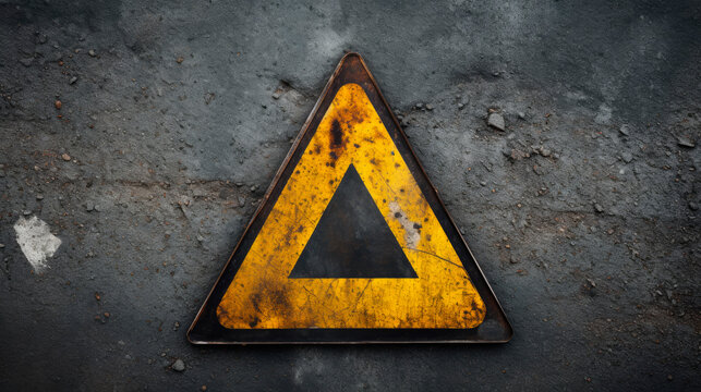 Triangle warning sign on rusty surface