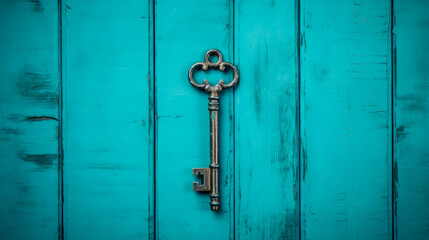 A skeleton key on a blue door with a wood background