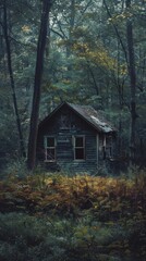 Abandoned cabin in a misty forest
