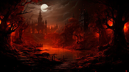 Spooky fortress under a bright full moon