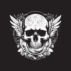 Human skull with wings for tattoo design illustration