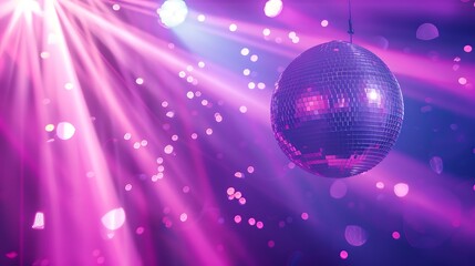 Sparkling Disco Ball Illuminates with Pink and Purple Lights. A Vibrant Dance Party Atmosphere Captured in One Shot. Ideal for Festive Backgrounds or Event Flyers. AI