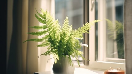 Photo of a yellow, green fern standing on a white windowsill in a white mug. Above the fern hangs brown tulle tucked to the left. - obrazy, fototapety, plakaty