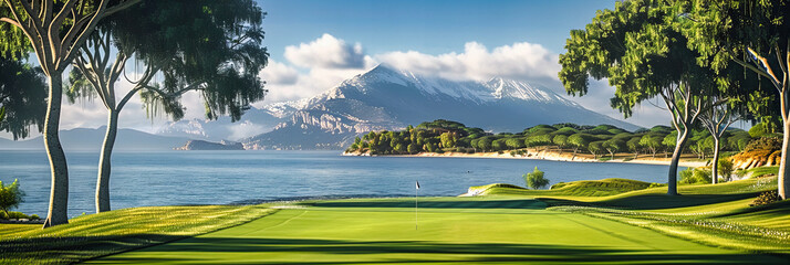 Pristine Golfing Landscape: A Panoramic View of Lush Greens and Tranquil Waters, Offering a Serene Challenge for Enthusiasts