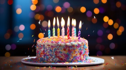 A colorful birthday cake with lit candles on top