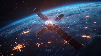 An orbital satellite glowing with a blue light captures solar energy in space transmitting clean renewable power back to Earth - obrazy, fototapety, plakaty