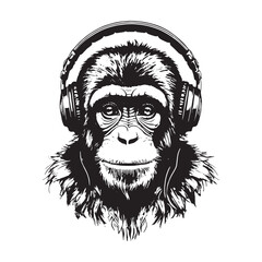 Fototapeta premium Gorilla headphones mascot logo, t shirt for men, hand drawn illustration.