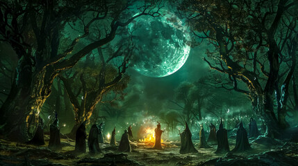 Enchanted forest gathering under moonlight