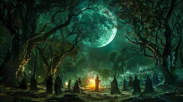 Enchanted forest gathering under moonlight