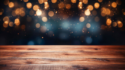 Wooden table with blurred lights in the background - obrazy, fototapety, plakaty