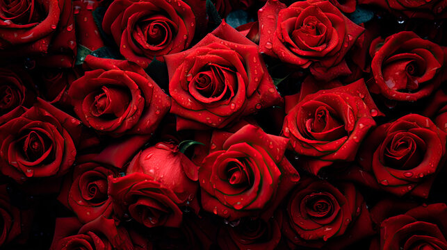 Bunch of red roses with water droplets