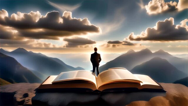 A conceptual image of a silhouetted person standing atop an open giant book, with a majestic mountain landscape in the background and ethereal clouds above.