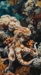 Fototapeta na wymiar Octopus camouflaging among coral reefs
