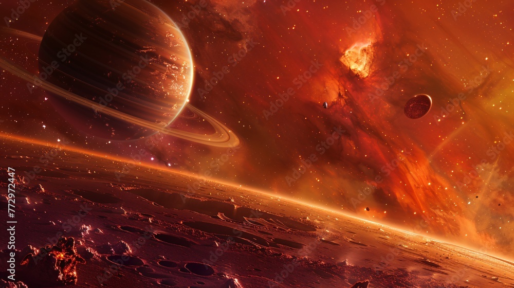 Poster astro-chic a red planet with a saturn ring and a jupiter moon generative ai