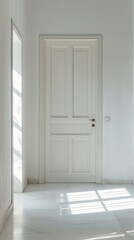 White door with sunlight casting shadows on a marble floor