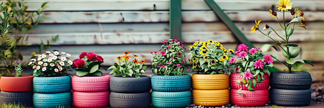 Recycled tire garden, where colorful blooms meet creative upcycling, showcasing eco-friendly gardening