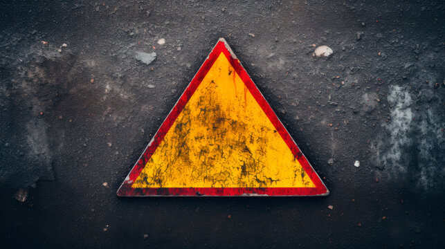 Yellow triangular sign on asphalt