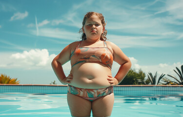 chubby frowning girl in bikini with hands on hips next to pool in the sun