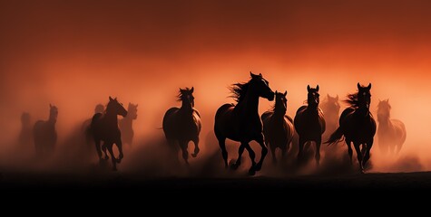 a group of horses running in the dust