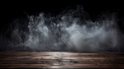 Smoke rising from a dark room's wooden floor