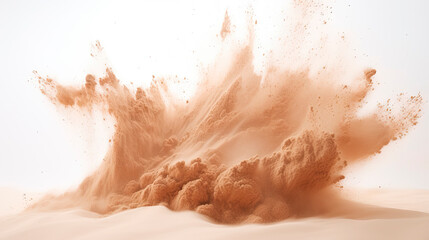 Sand exploding on white background in stop motion - obrazy, fototapety, plakaty