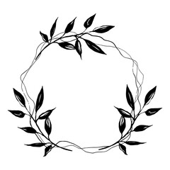 Black floral invitation wreath, greenery branches, leaves circle frame, vector line art - 772973007